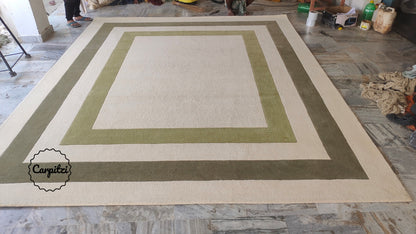 Beige & Olive Green Border Frame Tufted Rug – Minimalist Geometric Carpet Carpitzi