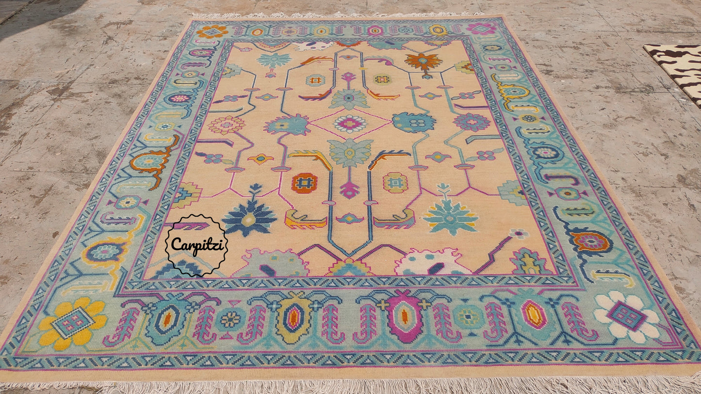 Colorful Pastel Oushak Rug – Traditional Hand-Knotted Turkish Wool Carpet for Living Room