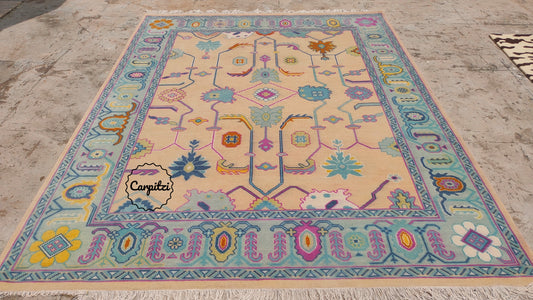 Colorful Pastel Oushak Rug – Traditional Hand-Knotted Turkish Wool Carpet for Living Room