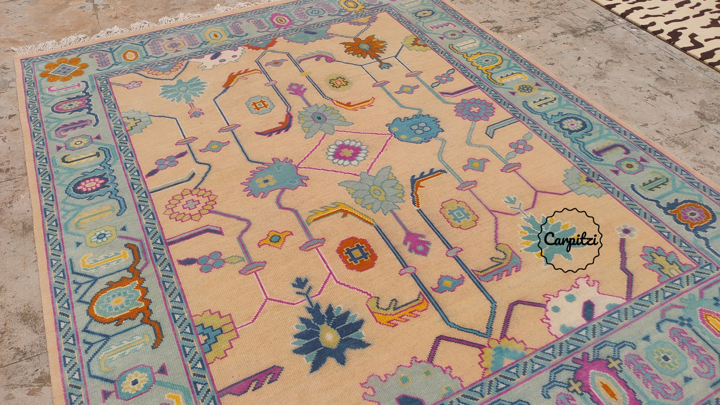 Colorful Pastel Oushak Rug – Traditional Hand-Knotted Turkish Wool Carpet for Living Room