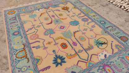 Colorful Pastel Oushak Rug – Traditional Hand-Knotted Turkish Wool Carpet for Living Room