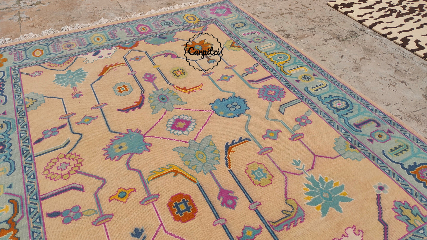 Colorful Pastel Oushak Rug – Traditional Hand-Knotted Turkish Wool Carpet for Living Room