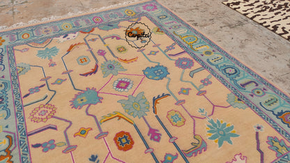 Colorful Pastel Oushak Rug – Traditional Hand-Knotted Turkish Wool Carpet for Living Room