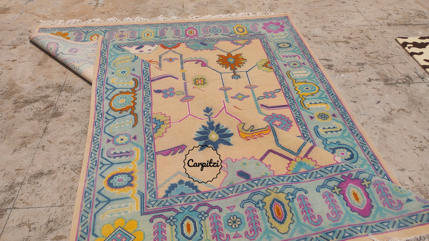 Colorful Pastel Oushak Rug – Traditional Hand-Knotted Turkish Wool Carpet for Living Room
