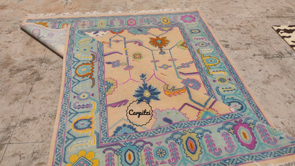 Colorful Pastel Oushak Rug – Traditional Hand-Knotted Turkish Wool Carpet for Living Room