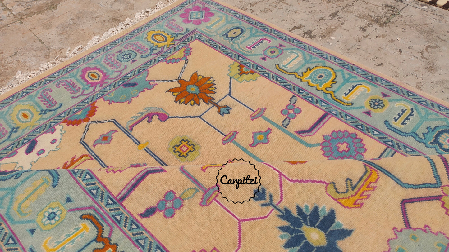 Colorful Pastel Oushak Rug – Traditional Hand-Knotted Turkish Wool Carpet for Living Room