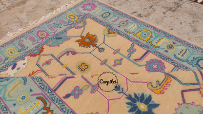 Colorful Pastel Oushak Rug – Traditional Hand-Knotted Turkish Wool Carpet for Living Room