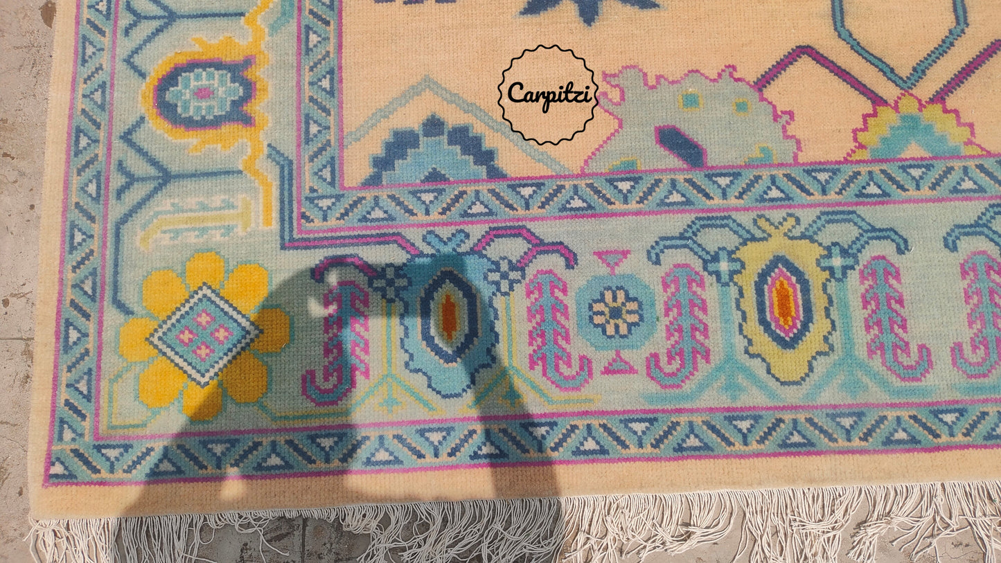Colorful Pastel Oushak Rug – Traditional Hand-Knotted Turkish Wool Carpet for Living Room
