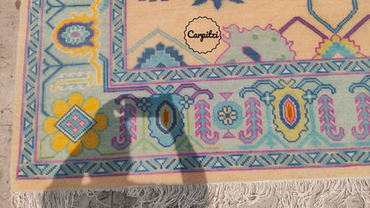 Colorful Pastel Oushak Rug – Traditional Hand-Knotted Turkish Wool Carpet for Living Room