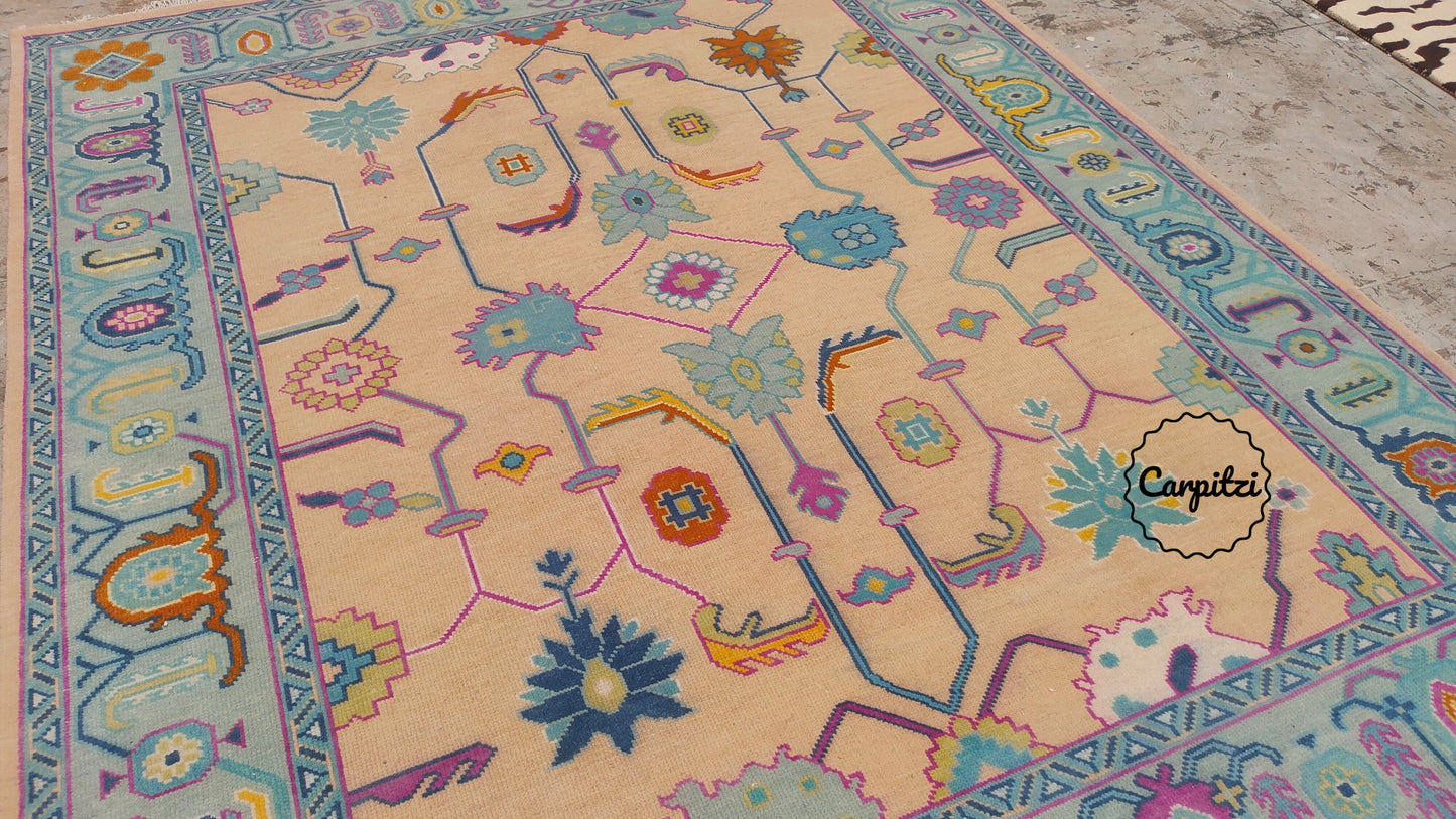 Colorful Pastel Oushak Rug – Traditional Hand-Knotted Turkish Wool Carpet for Living Room