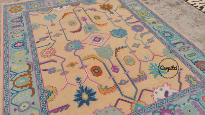 Colorful Pastel Oushak Rug – Traditional Hand-Knotted Turkish Wool Carpet for Living Room