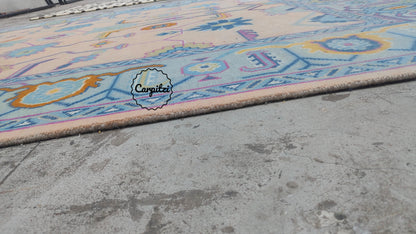 Colorful Pastel Oushak Rug – Traditional Hand-Knotted Turkish Wool Carpet for Living Room