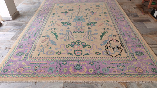Beige Lavender Oushak Rug – Vintage Turkish Wool Carpet with Pastel Botanical Motifs