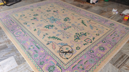 Beige Lavender Oushak Rug – Vintage Turkish Wool Carpet with Pastel Botanical Motifs