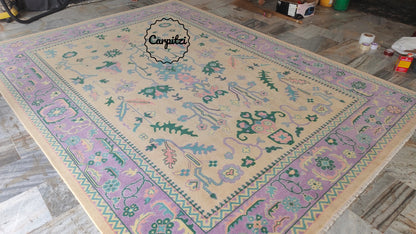 Beige Lavender Oushak Rug – Vintage Turkish Wool Carpet with Pastel Botanical Motifs