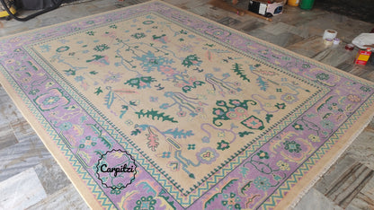 Beige Lavender Oushak Rug – Vintage Turkish Wool Carpet with Pastel Botanical Motifs