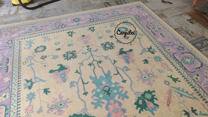 Beige Lavender Oushak Rug – Vintage Turkish Wool Carpet with Pastel Botanical Motifs