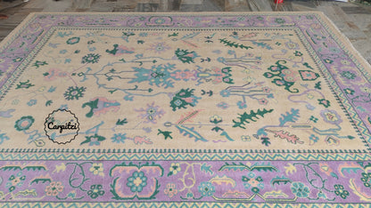 Beige Lavender Oushak Rug – Vintage Turkish Wool Carpet with Pastel Botanical Motifs