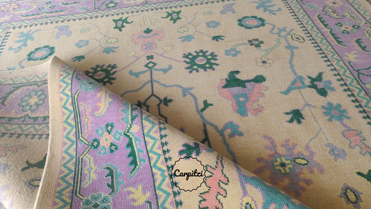 Beige Lavender Oushak Rug – Vintage Turkish Wool Carpet with Pastel Botanical Motifs