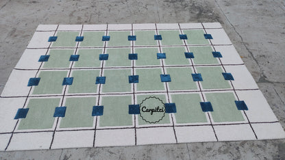 Modern Green Grid Tufted Rug – Geometric Blue & Cream Wool Carpet for Living Room
