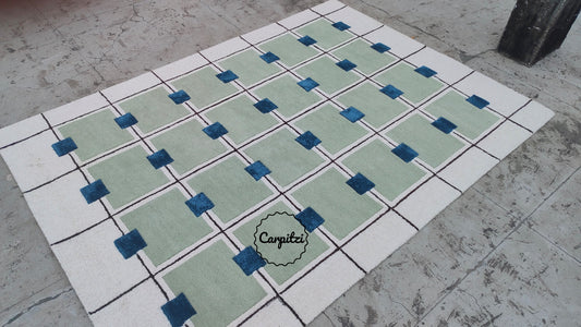 Modern Green Grid Tufted Rug – Geometric Blue & Cream Wool Carpet for Living Room