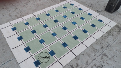 Modern Green Grid Tufted Rug – Geometric Blue & Cream Wool Carpet for Living Room