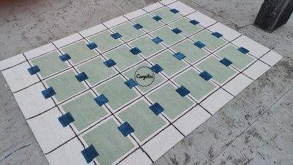 Modern Green Grid Tufted Rug – Geometric Blue & Cream Wool Carpet for Living Room
