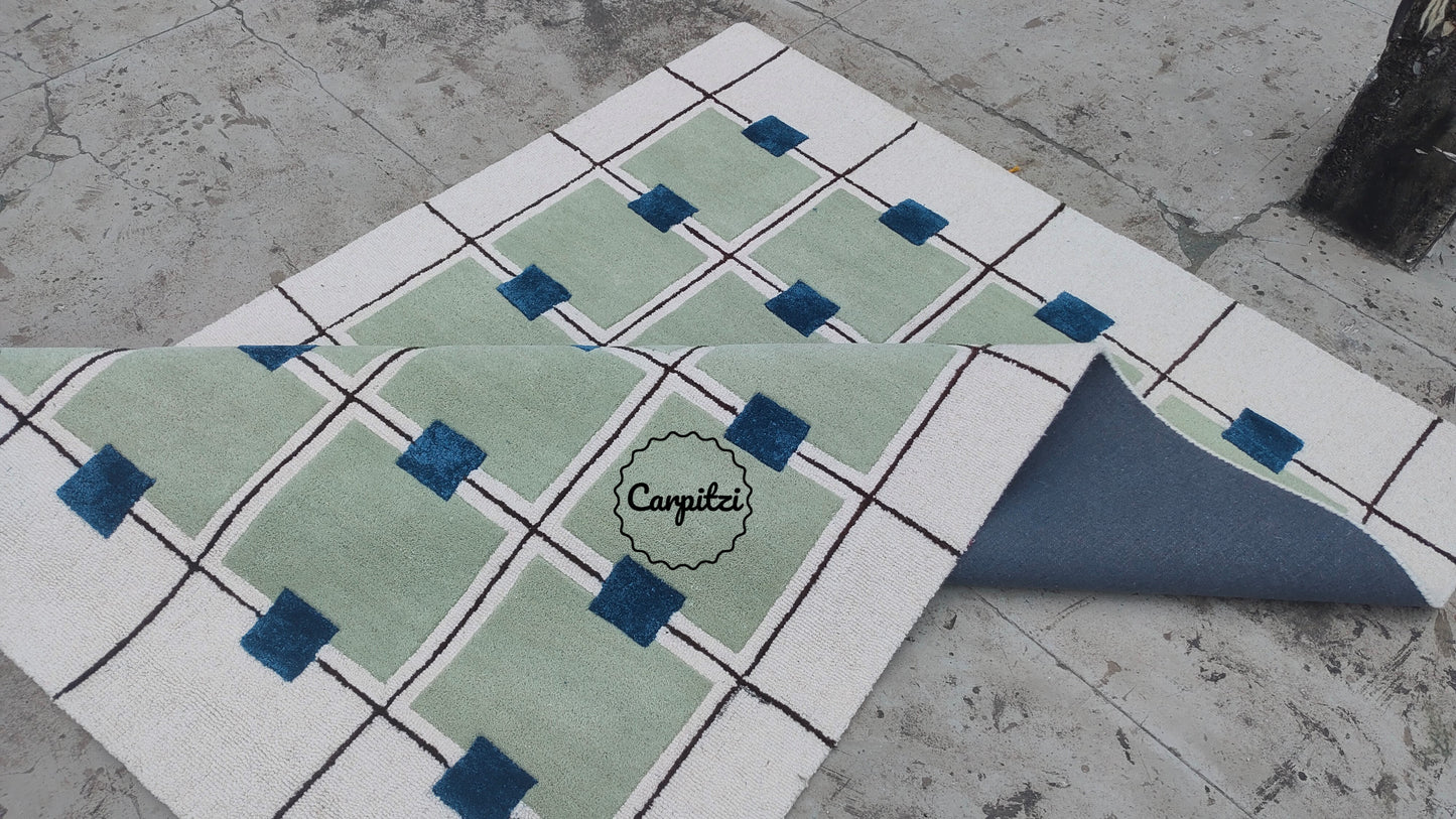 Modern Green Grid Tufted Rug – Geometric Blue & Cream Wool Carpet for Living Room