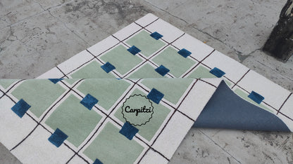 Modern Green Grid Tufted Rug – Geometric Blue & Cream Wool Carpet for Living Room