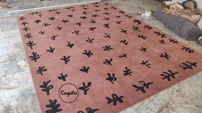 Modern Abstract Botanical Tufted Rug – Dusty Rose & Black Leaf Pattern Carpet