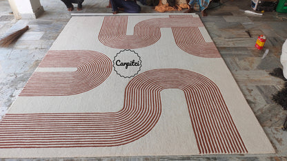 Modern Geometric Line Tufted Rug – Cream & Terracotta Abstract Curve Carpet