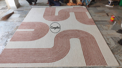 Modern Geometric Line Tufted Rug – Cream & Terracotta Abstract Curve Carpet