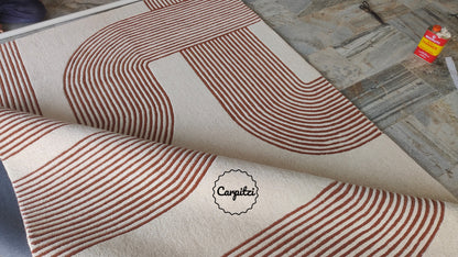 Modern Geometric Line Tufted Rug – Cream & Terracotta Abstract Curve Carpet