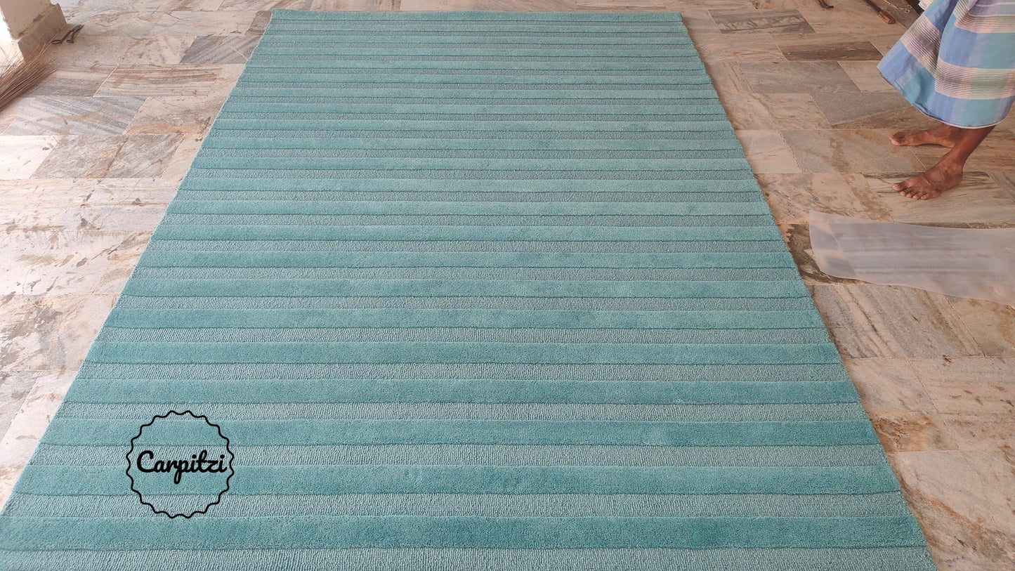 Blue Plush Nordic Tufted Rug – Minimalist Modern Striped Area Carpet, Carpitzi