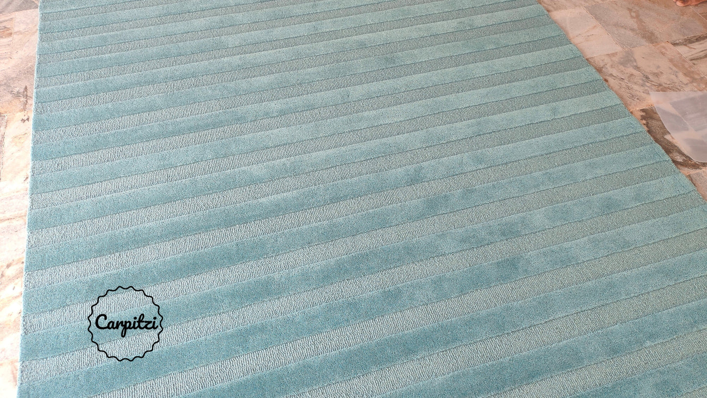 Blue Plush Nordic Tufted Rug – Minimalist Modern Striped Area Carpet, Carpitzi