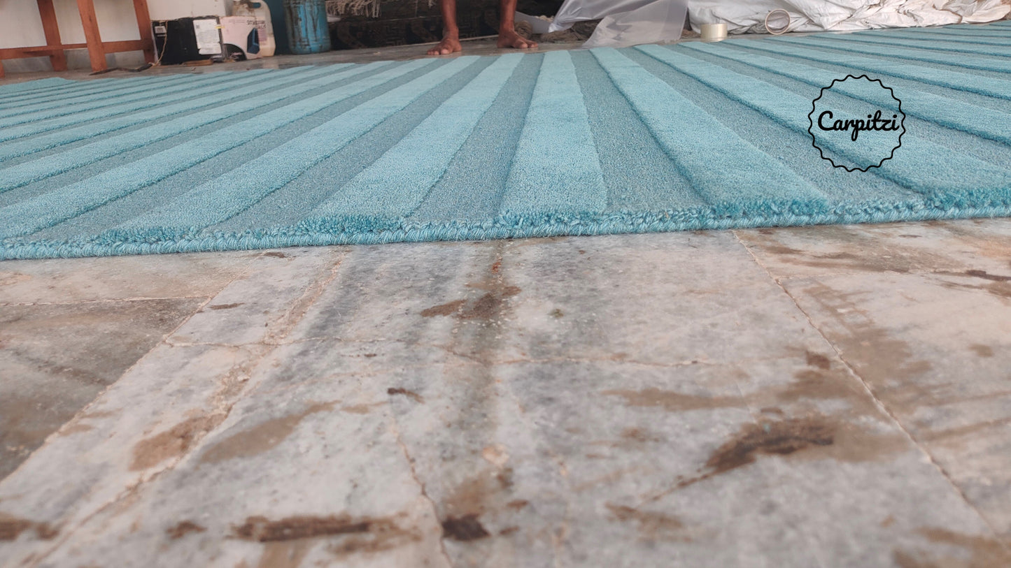 Blue Plush Nordic Tufted Rug – Minimalist Modern Striped Area Carpet, Carpitzi