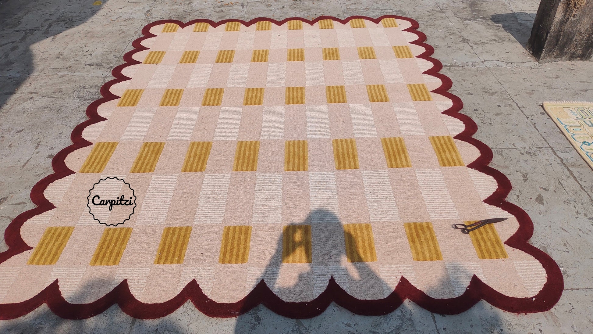 Modern Pink Red Plaid Tufted Rug with Scalloped Border Carpitzi