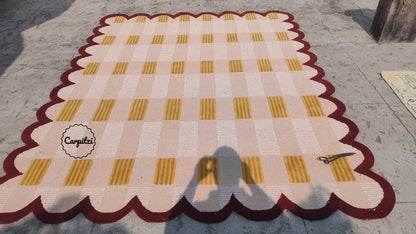 Modern Pink Red Plaid Tufted Rug with Scalloped Border Carpitzi