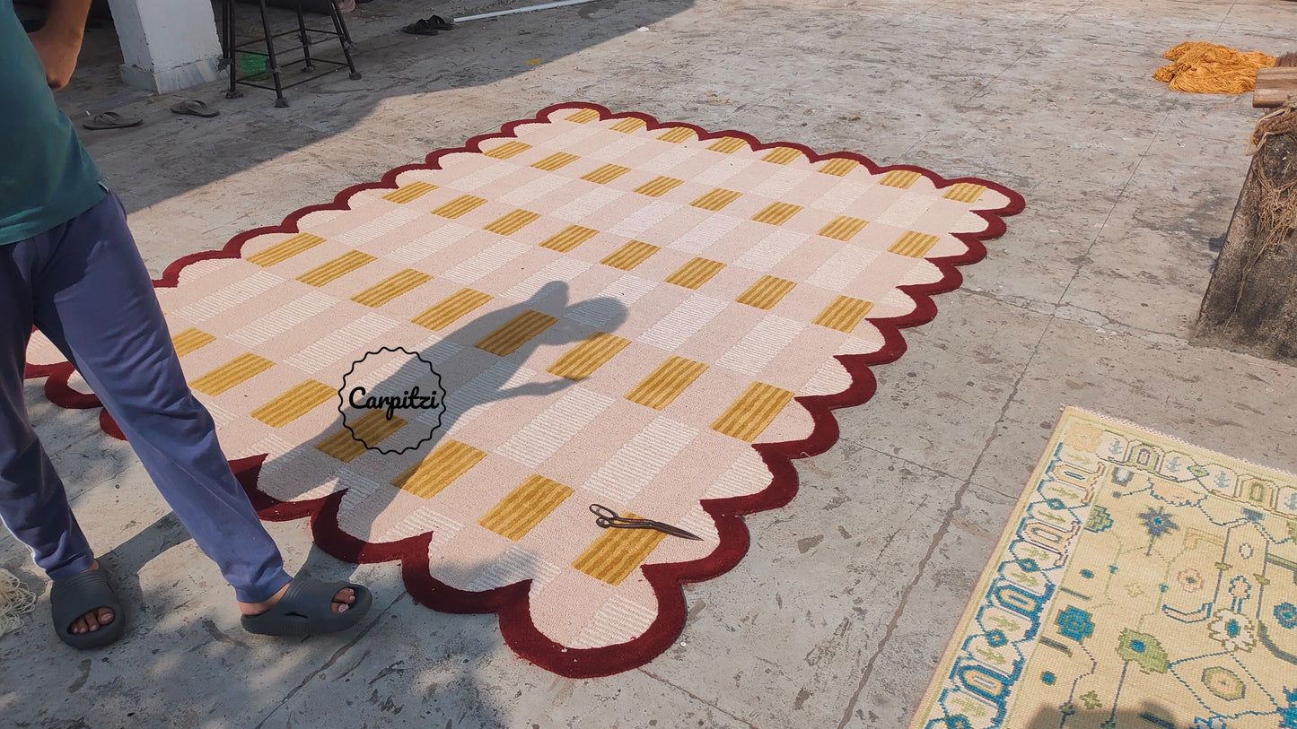 Modern Pink Red Plaid Tufted Rug with Scalloped Border Carpitzi
