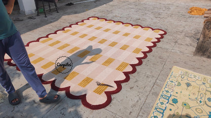 Modern Pink Red Plaid Tufted Rug with Scalloped Border Carpitzi