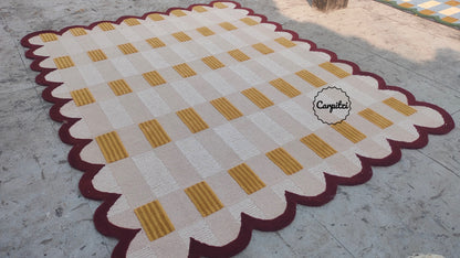 Modern Pink Red Plaid Tufted Rug with Scalloped Border Carpitzi