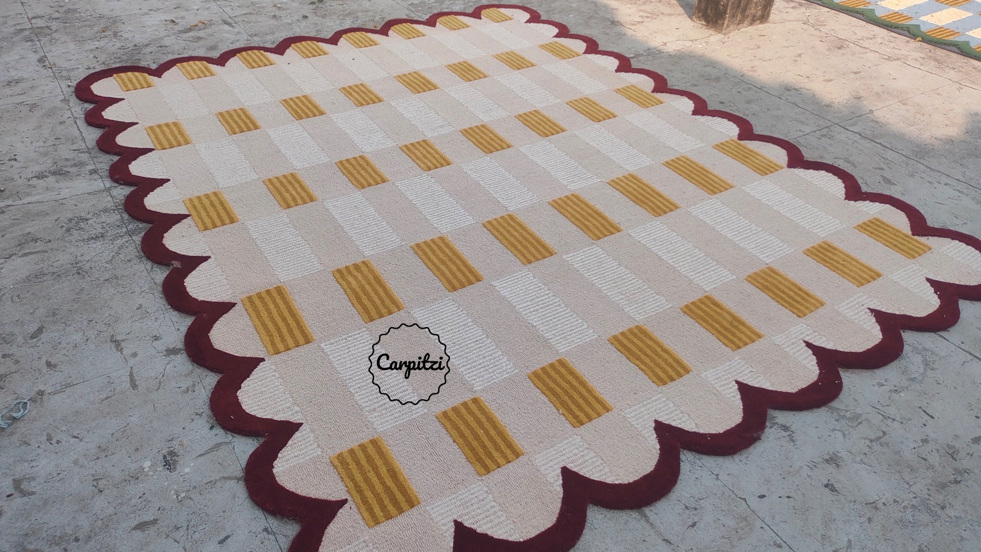 Modern Pink Red Plaid Tufted Rug with Scalloped Border Carpitzi