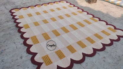 Modern Pink Red Plaid Tufted Rug with Scalloped Border Carpitzi