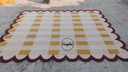 Modern Pink Red Plaid Tufted Rug with Scalloped Border Carpitzi