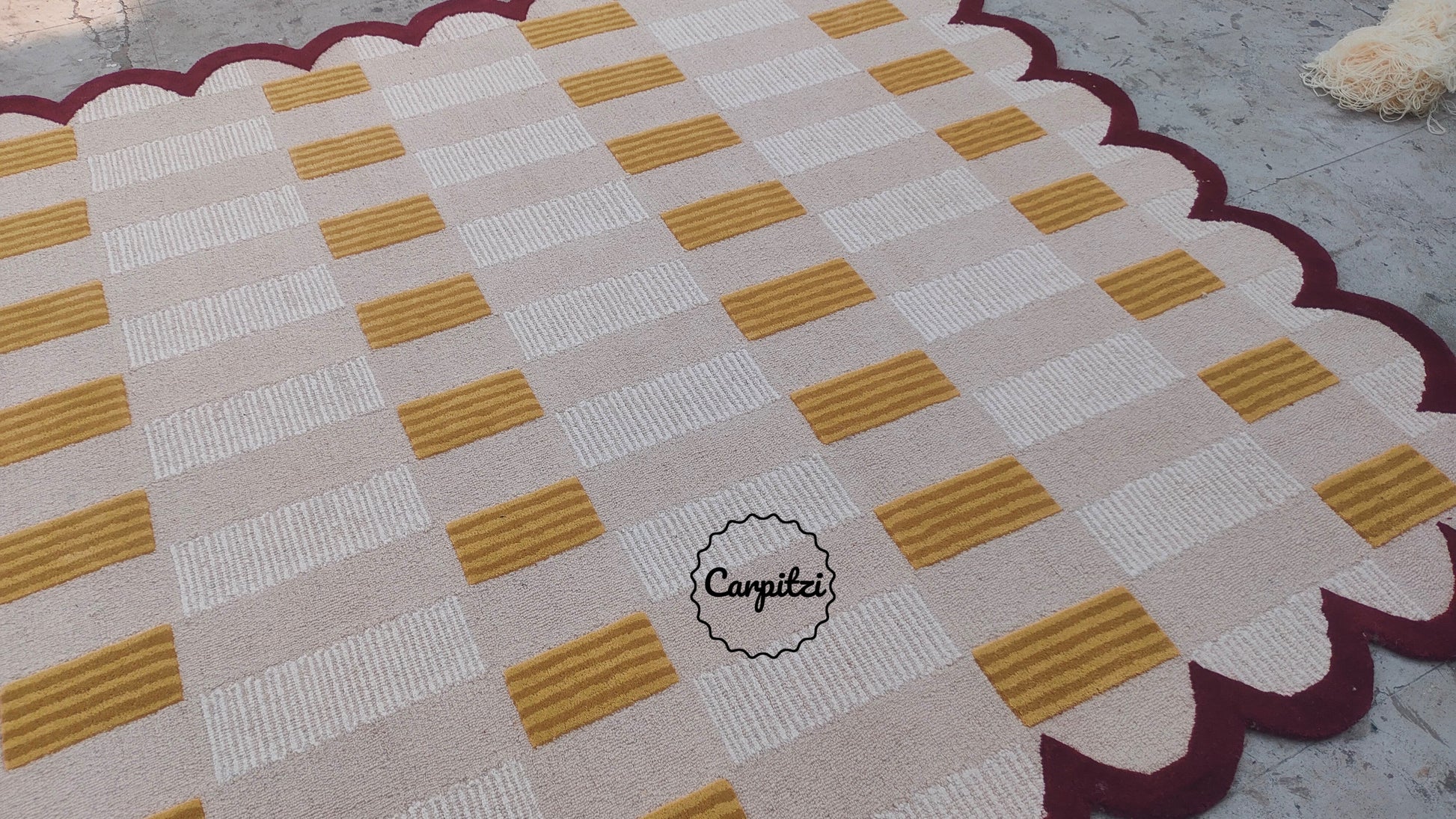 Modern Pink Red Plaid Tufted Rug with Scalloped Border Carpitzi