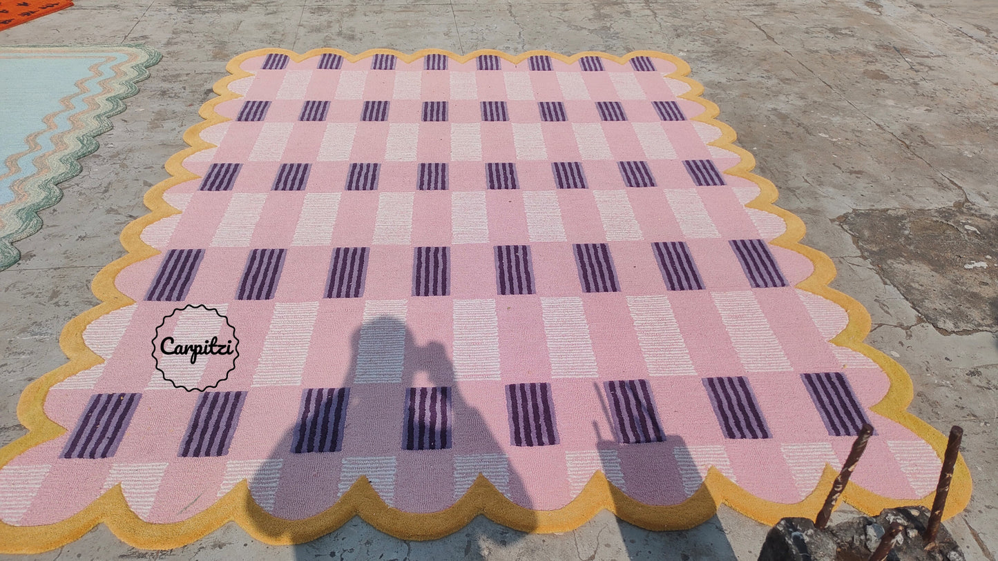 Pink Plaid Rug with Scalloped Edges | Handmade Wool Area Rug