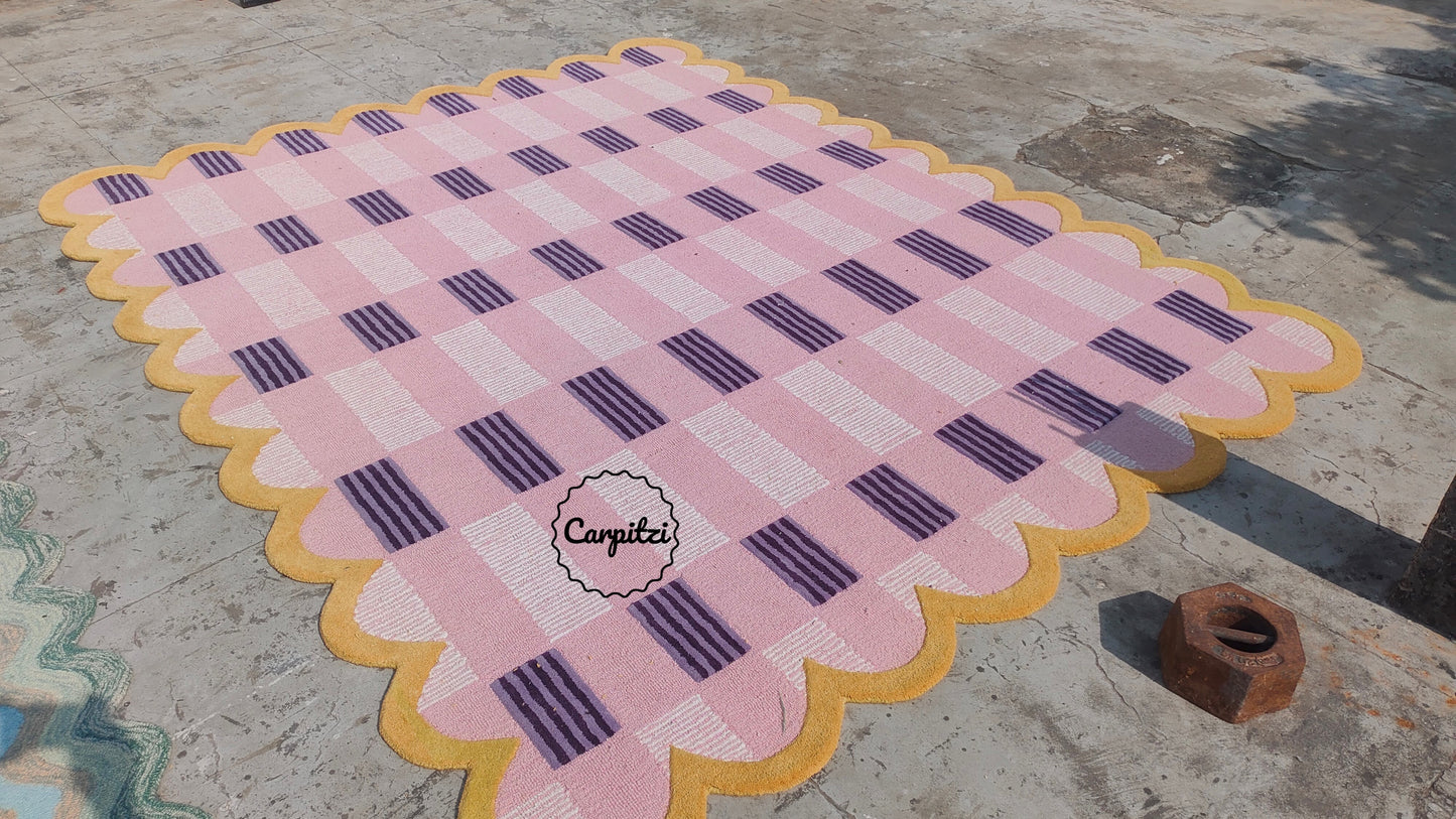 Pink Plaid Rug with Scalloped Edges | Handmade Wool Area Rug