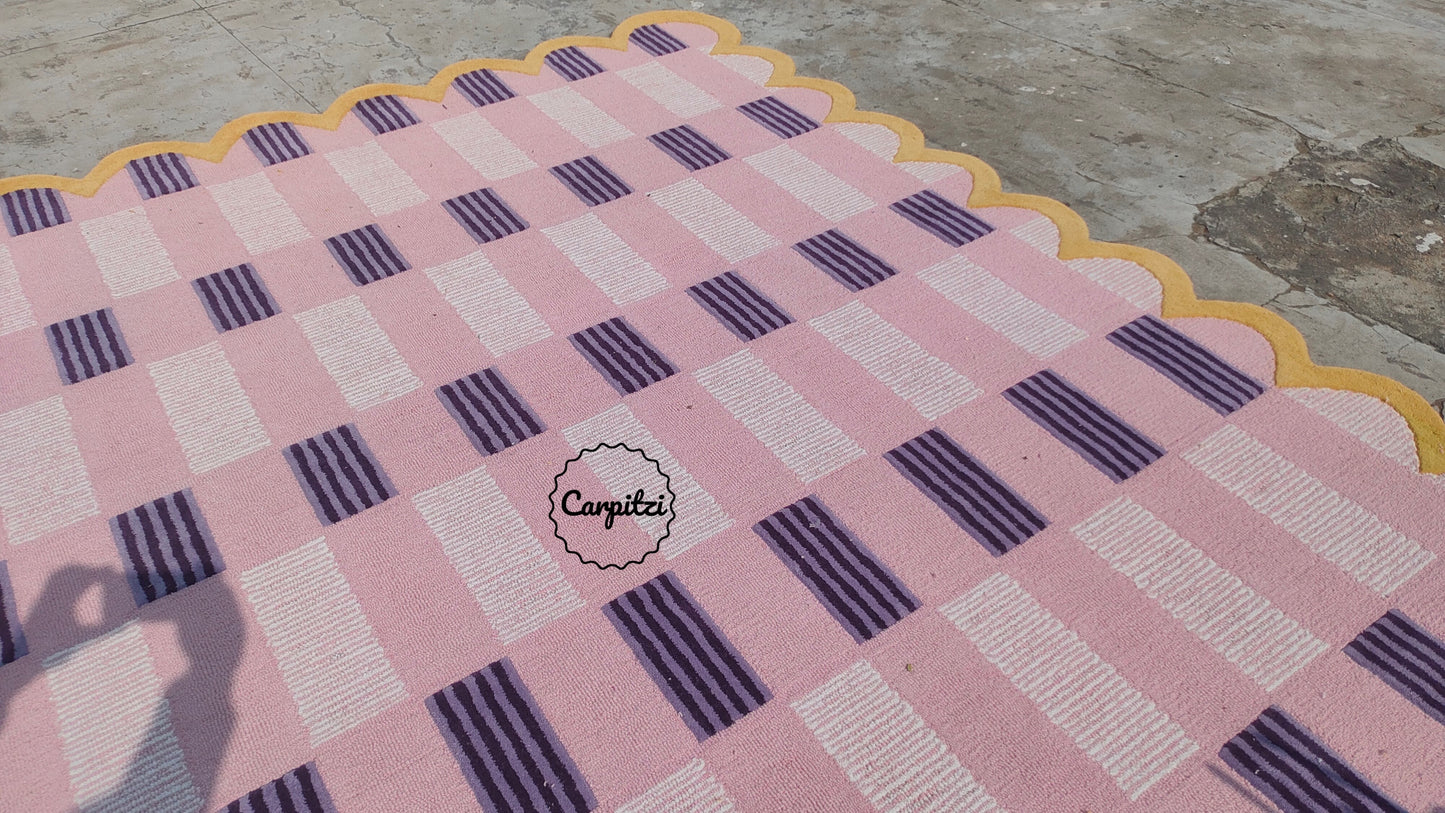 Pink Plaid Rug with Scalloped Edges | Handmade Wool Area Rug