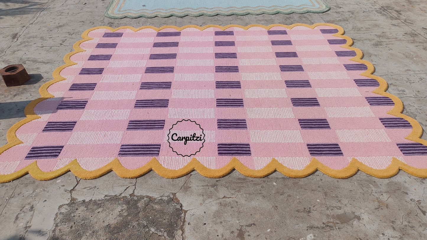 Pink Plaid Rug with Scalloped Edges | Handmade Wool Area Rug