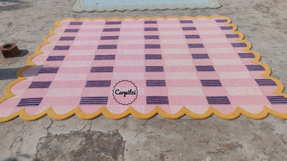 Pink Plaid Rug with Scalloped Edges | Handmade Wool Area Rug